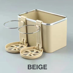 Beige car console organiser box with two fold-out cup holders