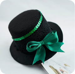 Black mini pet top hat with green bow and sequins