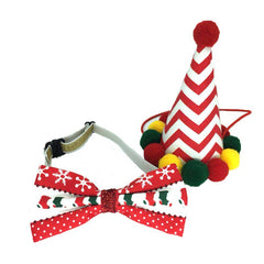 Chevron Christmas pet party hat with pom-poms and layered bow tie