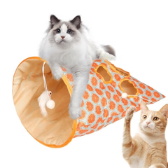Two cats playing with the orange cat tunnel