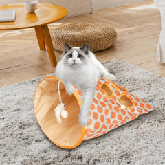 Grey and white cat climbing out of the orange cat tunnel