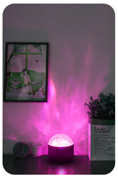 Night light on a desk casting pink water ripple light across the wall