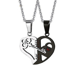 Split heart couple necklaces in silver and black, key and lock halves