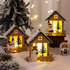 Lit XMAS wooden houses with Santa and a snowman