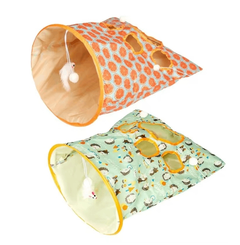 Orange and green cat tunnels side by side