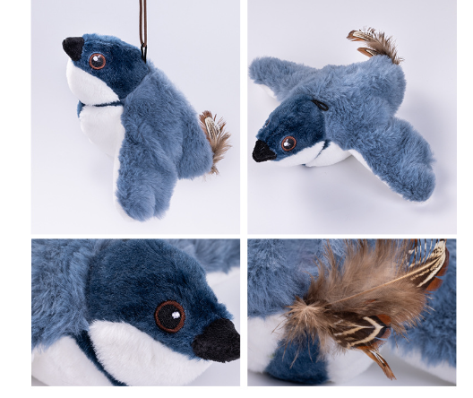 Blue plush flapping bird cat toy with feather tail, four views