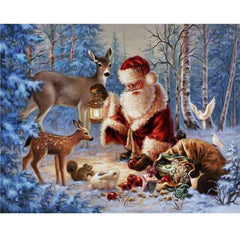 Santa and reindeer in a snowy forest diamond painting design