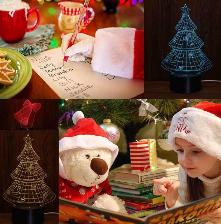 3D Christmas tree night light lit up on its black touch-switch USB base, in festive scenes