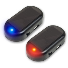Two solar decoy LED lights, one glowing blue and one red