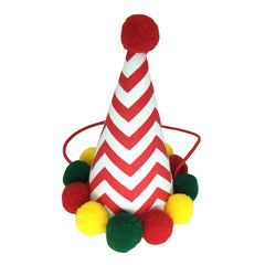 Red and white chevron pet party hat with pom-poms