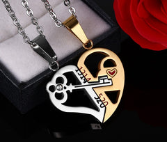 Split heart couple necklaces in silver and gold tone, key and lock halves