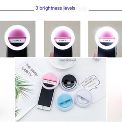 Selfie ring light at its 3 brightness levels, shown in four colours