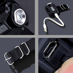 Wrist flashlight details: lamp, USB charging and strap buckle