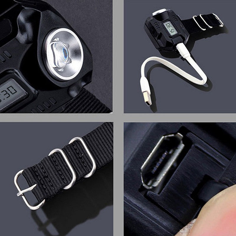 Wrist flashlight details: lamp, USB charging and strap buckle