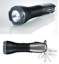 Multi-tool flashlight front view, and with tools open