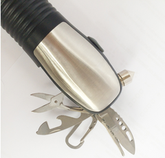 Fold-out stainless steel tools on the flashlight handle