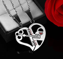 Silver split heart key and lock couple necklaces