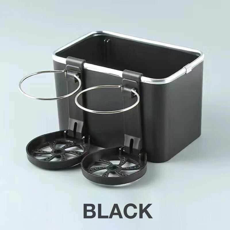 Black car console organiser box with two fold-out cup holders