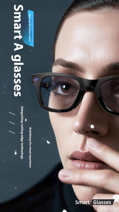 Model wearing the AI camera smart glasses