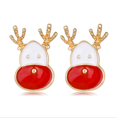 Reindeer stud earrings with gold antlers and red enamel