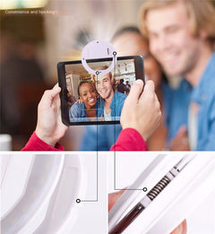 Selfie ring light clipped to a tablet for a group photo, with close-ups of the clip