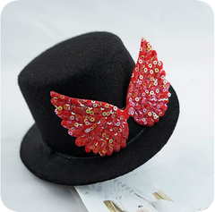 Black mini pet top hat with red sequin wings