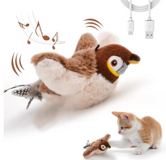 Brown sparrow flapping bird cat toy with USB cable and a kitten