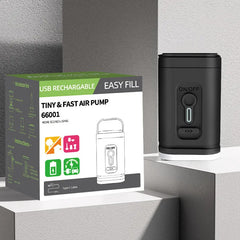 Black mini air pump next to its box