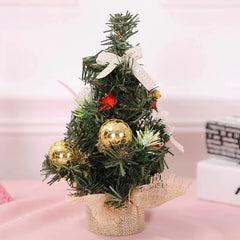 Mini Christmas tree with gold baubles and linen base