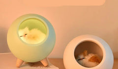 Green and white LED cat night lights lit up on a shelf
