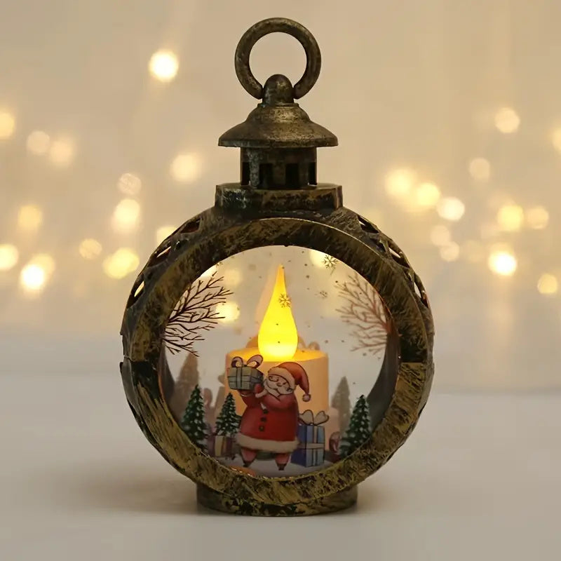 Antique gold Christmas lantern with Santa scene and LED candle