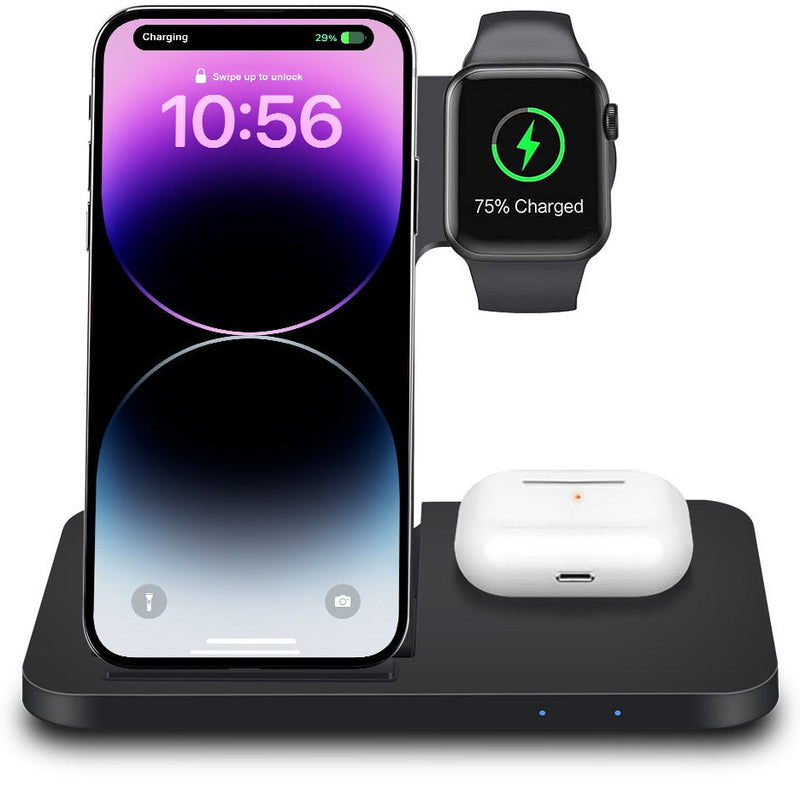 Black 3-in-1 wireless charger with phone, smartwatch and earbuds charging