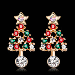 Gold tone Christmas tree drop earrings with red, green and clear stones