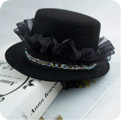 Black mini pet top hat with black ruffle trim