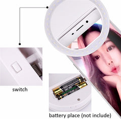 Selfie ring light power switch and AAA battery compartment