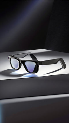 Black-frame AI camera smart glasses on a display stand