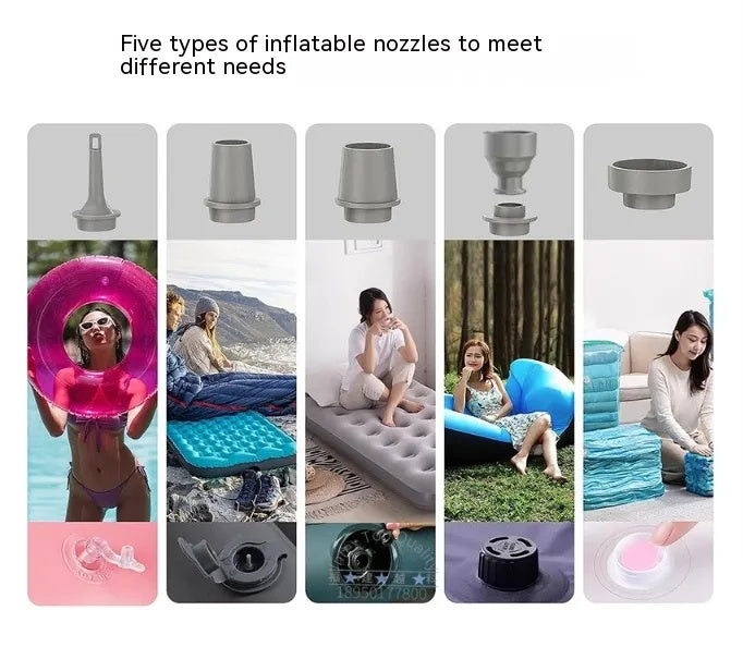 Mini air pump nozzles shown with a pool float, air bed and storage bag