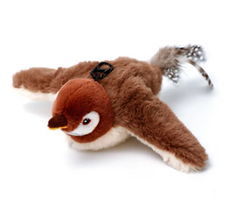 Brown plush sparrow pet toy with feather tail