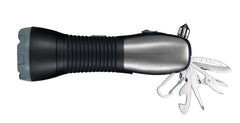 Flashlight with all fold-out tools open
