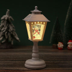 White lantern lamp with snowman scene, lit