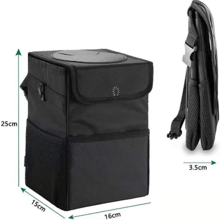 Black foldable car trash can with measurements, 25 x 16 x 15 cm