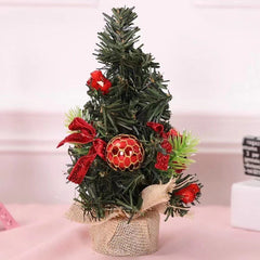 Mini Christmas tree with red baubles and linen base