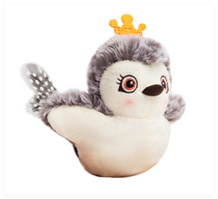 White and grey plush bird cat toy wearing a gold crown