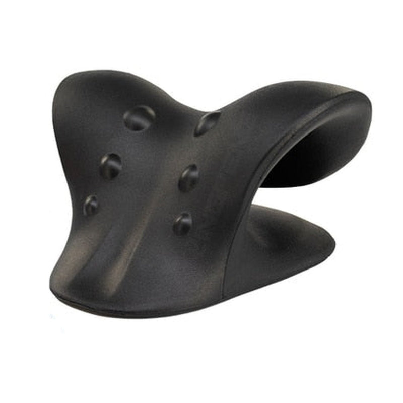 Black C-shaped EVA foam neck stretcher pillow, close-up