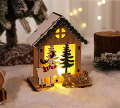 XMAS wooden house with reindeer, glowing