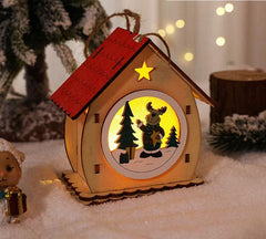 Red-roof wooden Christmas house with reindeer scene