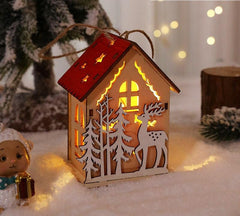 Red-roof wooden house with white deer and trees